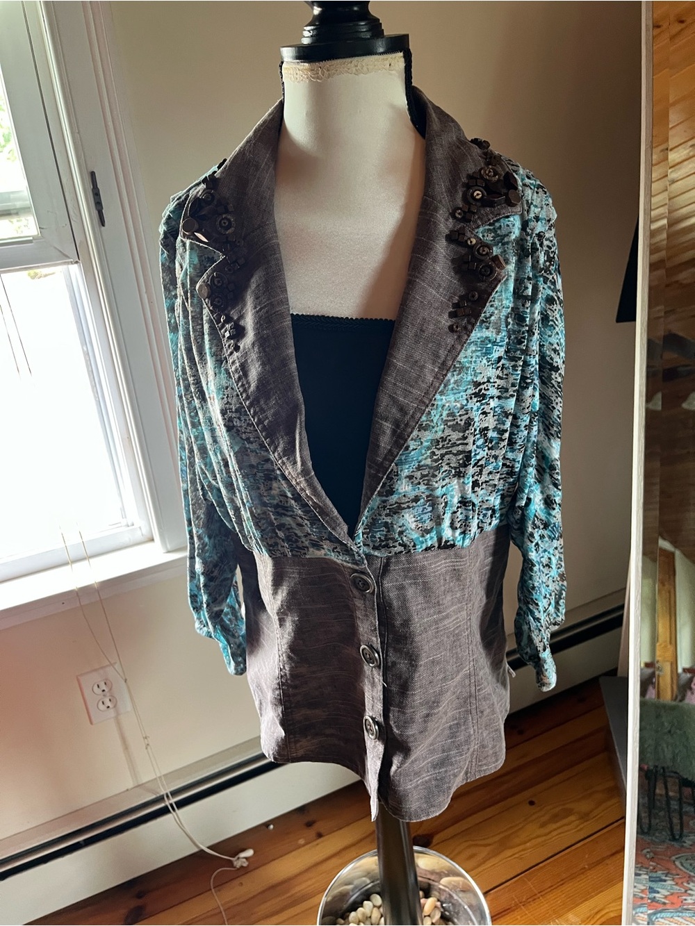 Women's Two-Tone Button Front Jacket in Teal and Brown